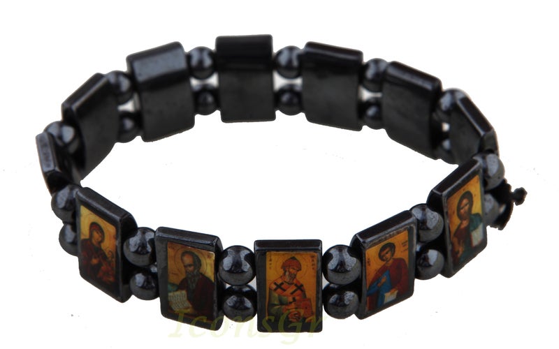 Iconsgr Christian Orthodox Greek Religious Hematite Bracelet with Saints - Image 1